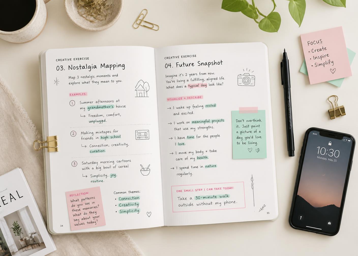 Páginas del workbook con anotaciones, subrayadores y post-its
